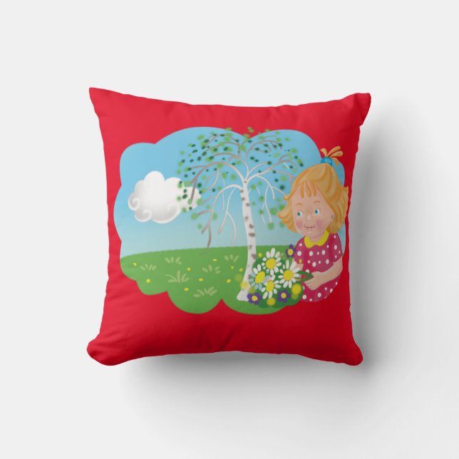 Coussin Caricature drôle fille dans la prairie et les fleu (Recto)