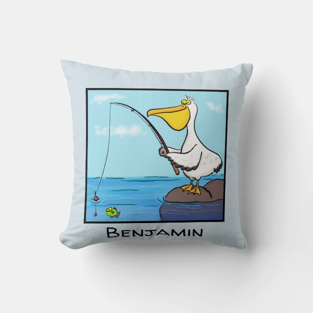 Coussin Caricature joyeuse de pélican de pêche (Recto)