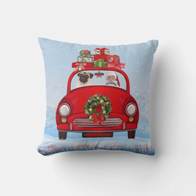 Coussin Carlin Chien En Voiture Avec Le Père Noël (Recto)