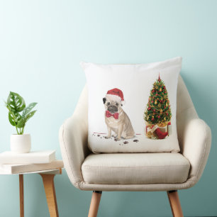 Coussin Carlin drôle Chien de Noël avec arbre