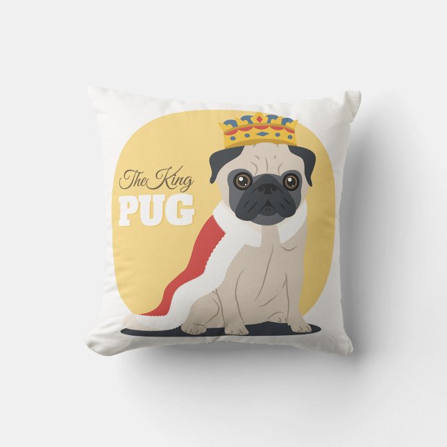 Coussin Carlin King (A square throw pillow features a cartoon illustration of a pug wearing a crown!)