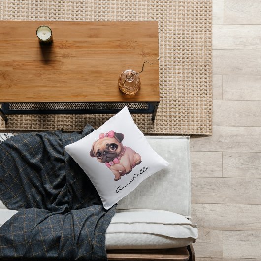 Coussin Carlin mignon avec Bow rose Personnalisé