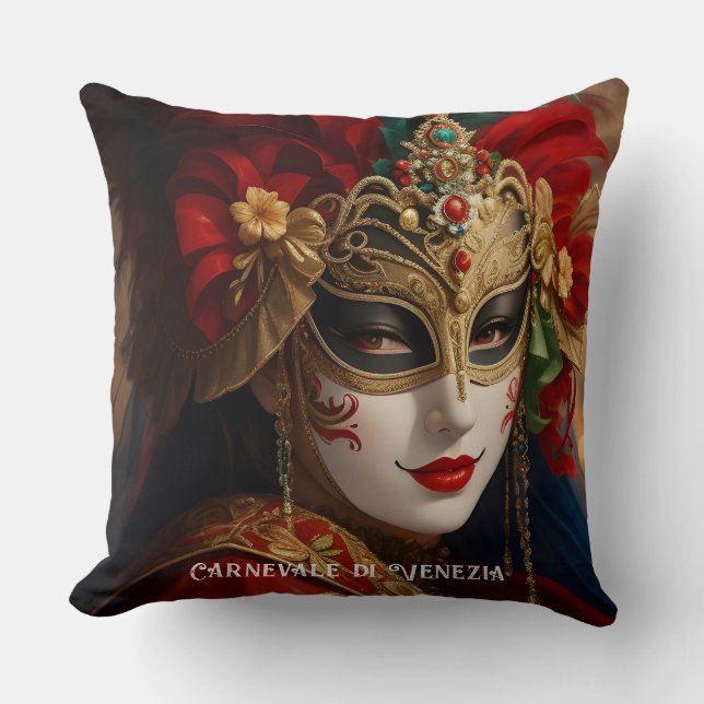 Coussin Carnaval de Venise masque or rouge vert (Recto)