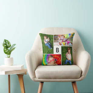 Coussin Carré Blanc Monogramme Simple Grille Collage 4 Pho