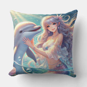 Coussin Carré de sirène et dauphin