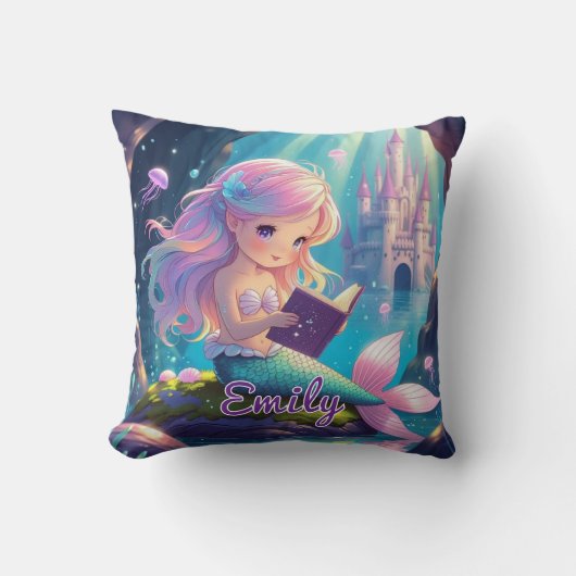Coussin carré de sirène mignonne lisant (Recto)