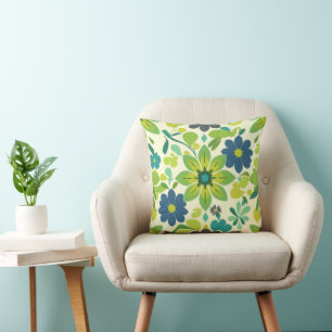 Coussin carré décoratif floral bleu et vert