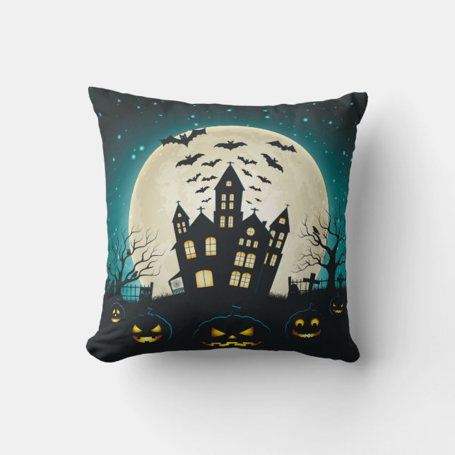 Coussin Carré d'Halloween bleu et noir (Recto)