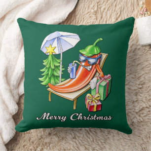Coussin Carré vert Joyeux Noël Chili Cartoon Art