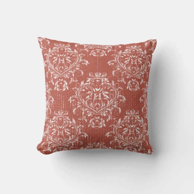 Coussin Carreau affligé de damassé - rouge de corail (Recto)