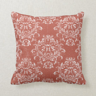 Coussin Carreau affligé de damassé - rouge de corail