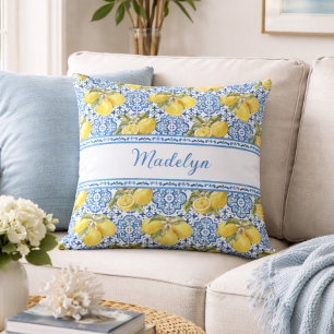 Coussin Carreau bleu blanc Motif Méditerranéen Nom citron