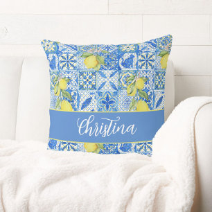 Coussin Carreau bleu motif français de citron monogramme