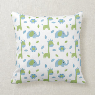 Coussin Carreau bleu-vert d'éléphant et de girafe