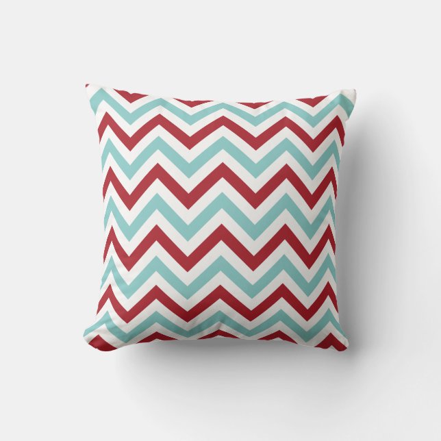 Coussin Carreau | de Chevron {Aqua et rouge} (Recto)