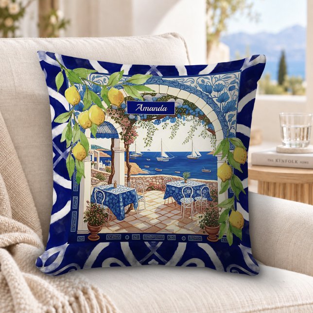 Coussin Carreau de Citron de Majolique Sicilienne Bleu Vib (Créateur téléchargé)