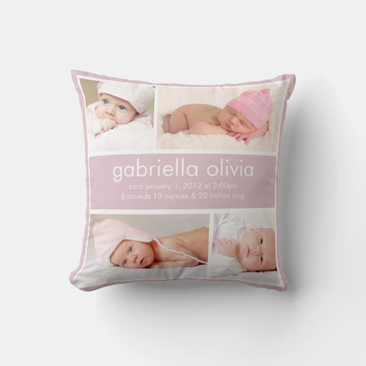 Coussin Carreau de faire-part de naissance de lavande (Recto)