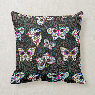 Coussin carreau de papillons de crâne de sucre, éffrayant