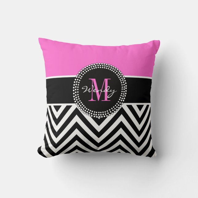 Coussin Carreau élégant de monogramme noir rose de Chevron (Recto)