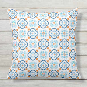 Coussin Carreau espagnol Méditerranéen bleu orange blanc e