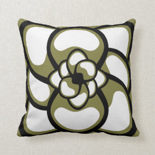 Coussin Carreau, fleur abstraite 3, noir d'olive