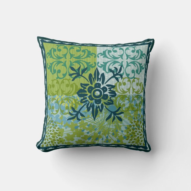 Coussin Carreau floral de motif de damassé de vert bleu (Recto)