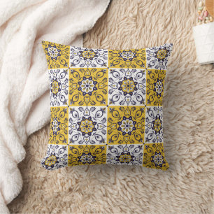 Coussin Carreau floral jaune et bleu méditerranéen