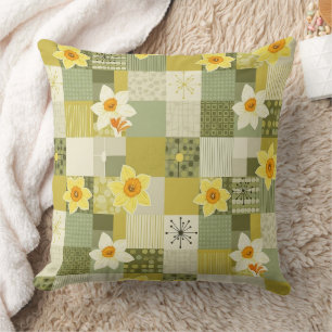 Coussin Carreau floral rétro olive jonquille - Milieu de s