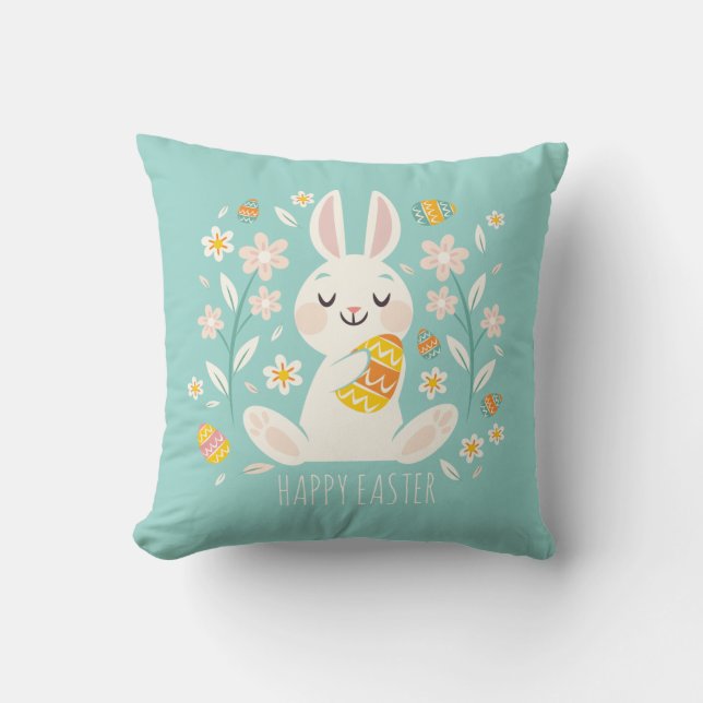 Coussin Carreau heureux élégant du lapin de Pâques | (Recto)