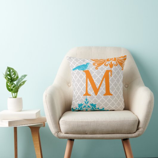 Coussin Carreau Marocain Monogramme Aqua Corail Oiseau Ten (Chaise)