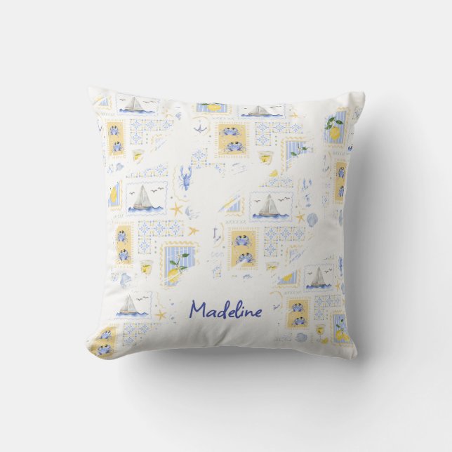 Coussin Carreau Méditerranéen Citron Monogramme Nom (Recto)