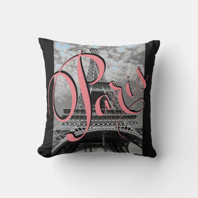 Coussin Carreau noir et blanc de Tour Eiffel de Paris (Recto)