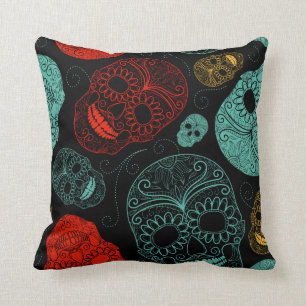 Coussin Carreau noir rouge turquoise de crâne