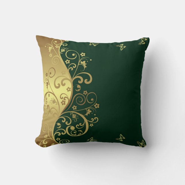 Coussin Carreau--Remous vert-foncé et d'or (Recto)