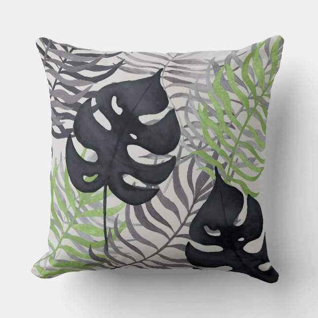 Coussin Carreau tropical vert et gris de feuille (Recto)
