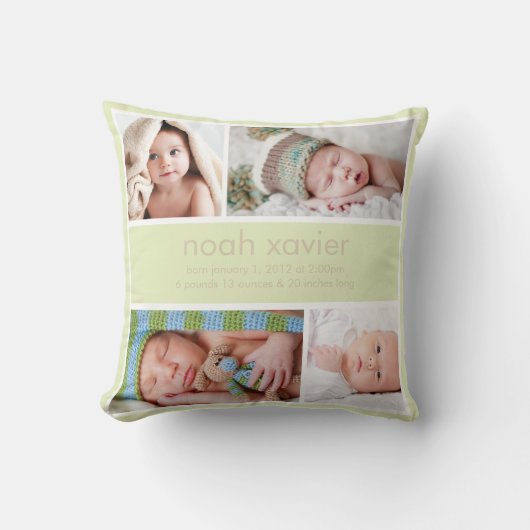 Coussin Carreau vert clair de faire-part de naissance (Recto)