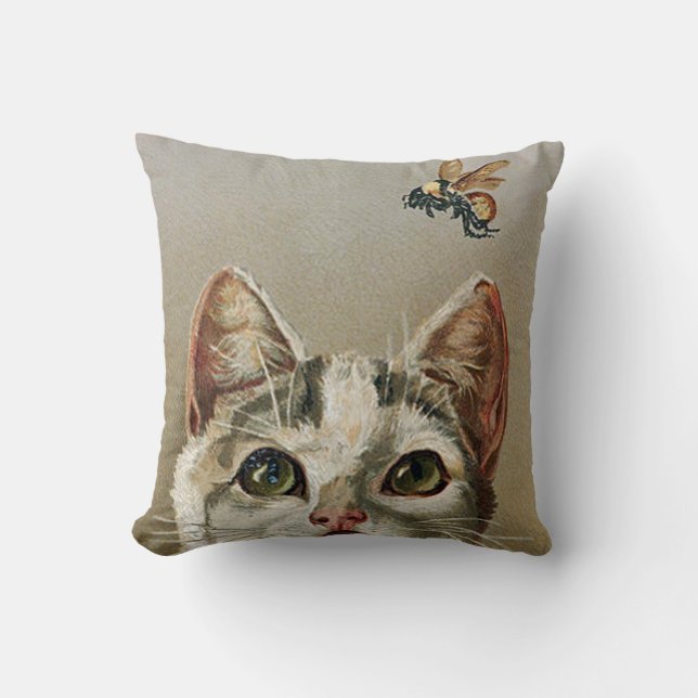 Coussin Carreau vintage de chat tigré et d'abeille (Recto)