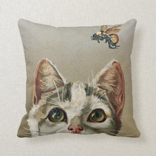 Coussin Carreau vintage de chat tigré et d'abeille
