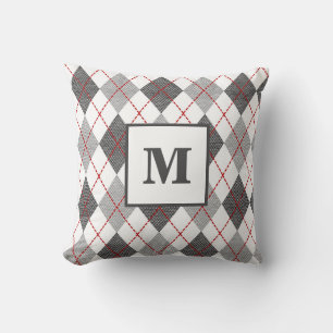 Coussin Carreaux Argyle Rouge Gris Argent Monogramme Initi