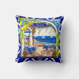 Coussin Carreaux bleus de citrons en majolique méditerrané