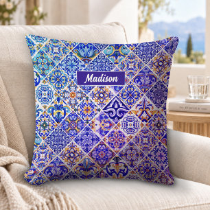Coussin Carreaux bleus violets siciliens méditerranéens me