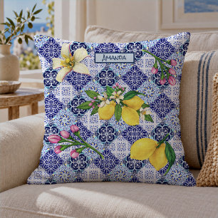 Coussin Carreaux de céramique siciliens bleus méditerranée