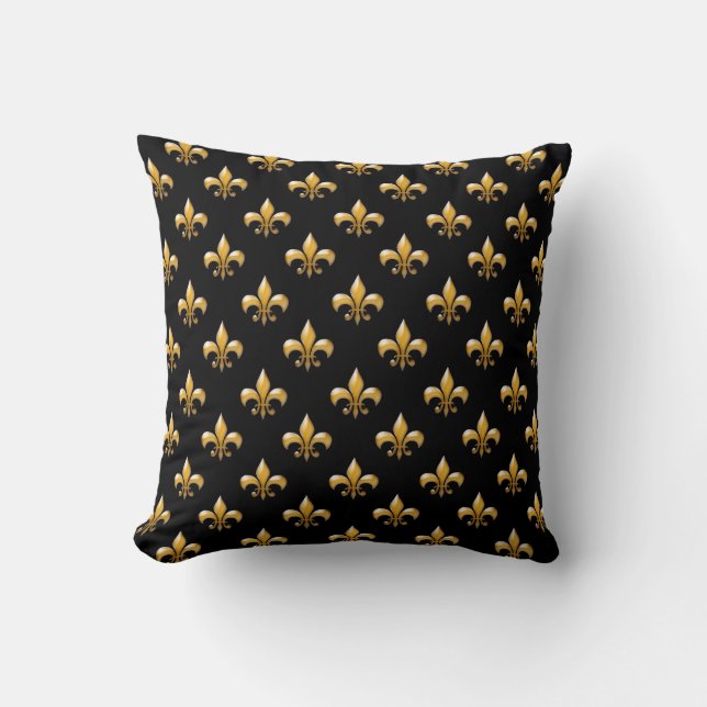Coussin Carreaux de motif d'or de Fleur de Lis Black (Recto)