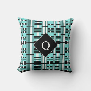 Coussin Carreaux en Aqua, Sarcelle, Noir & Monogramme Blan