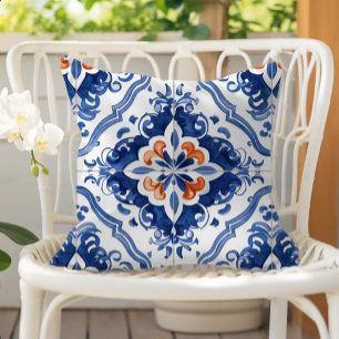 Coussin Carreaux Portugais Motif Bleu Blanc Orange