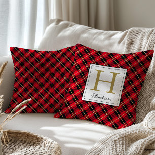 Coussin Carreaux Rouges Modernes avec Accents Dorés, Monog