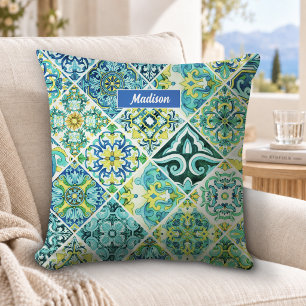 Coussin carreaux siciliens méditerranéens de menthe aqua m