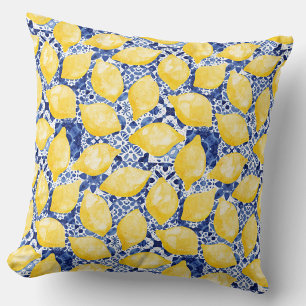Coussin Carrelage bleu blanc méditerranéen au citron