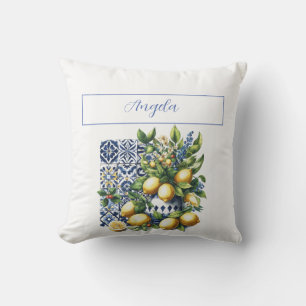 Coussin Carrelage bleu italien et citrons votre nom