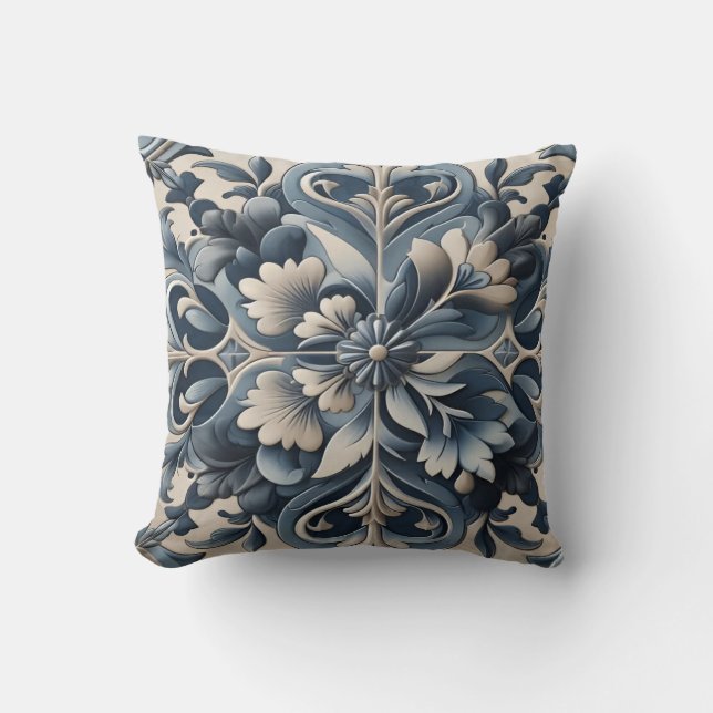 Coussin Carrelage bleu méditerranéen avec Motif à fleurs (Recto)